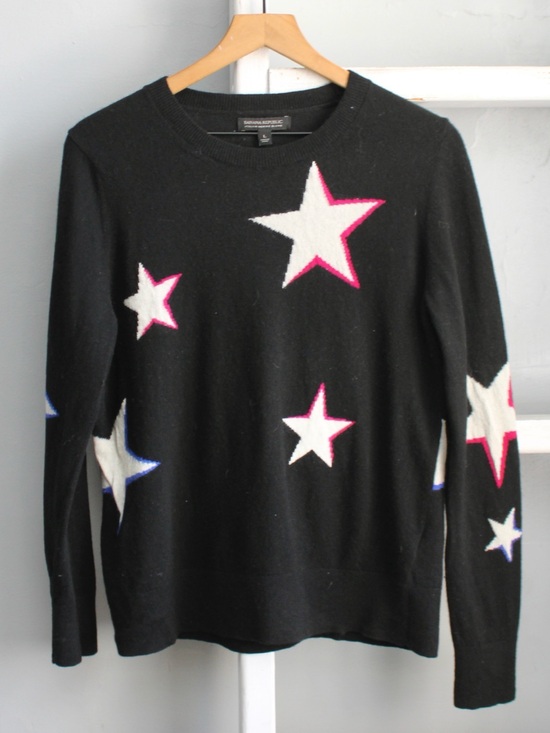 Banana Republic Sweaters - Banana Republic Wool Black Crewneck Sweater with White Colorful Stars sz Large
